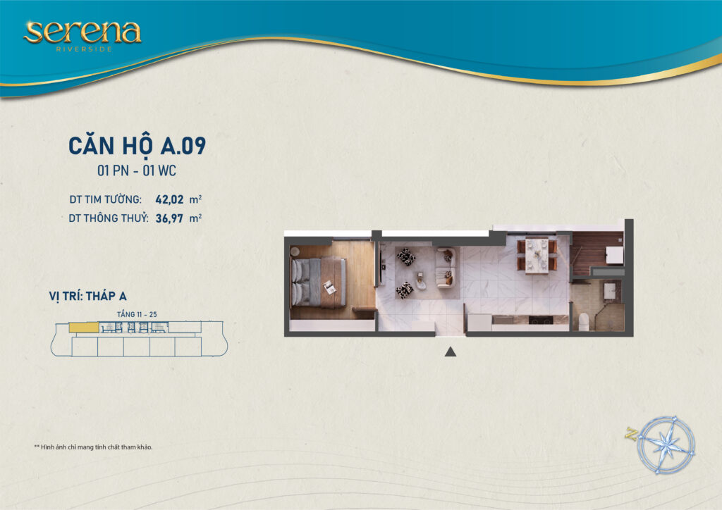 Mặt bằng căn 1PN Serena Riverside